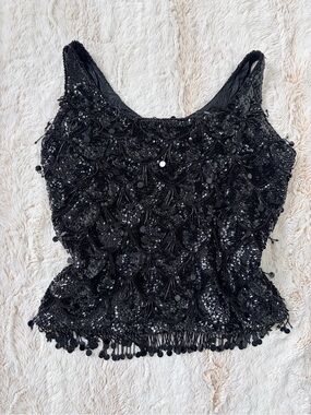 ✨ Vintage Y2K Black Sequin Beaded Tank Glam Party Gatsby Coquette Fairy Grunge